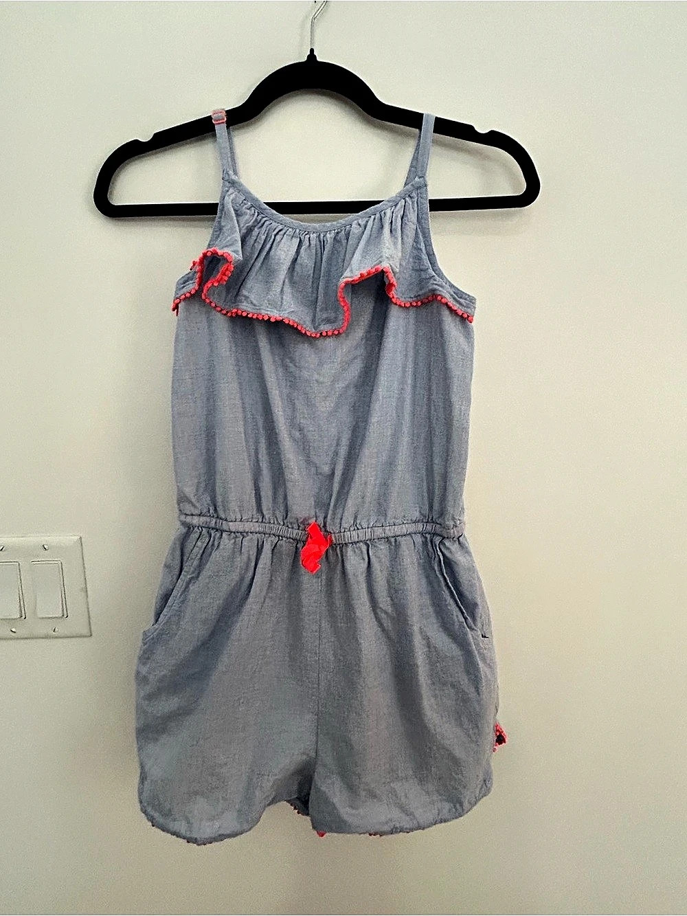 Boden Girls 13-14Y Blue Cotton Romper Coral Pom Pom Trim Ruffle 164cm